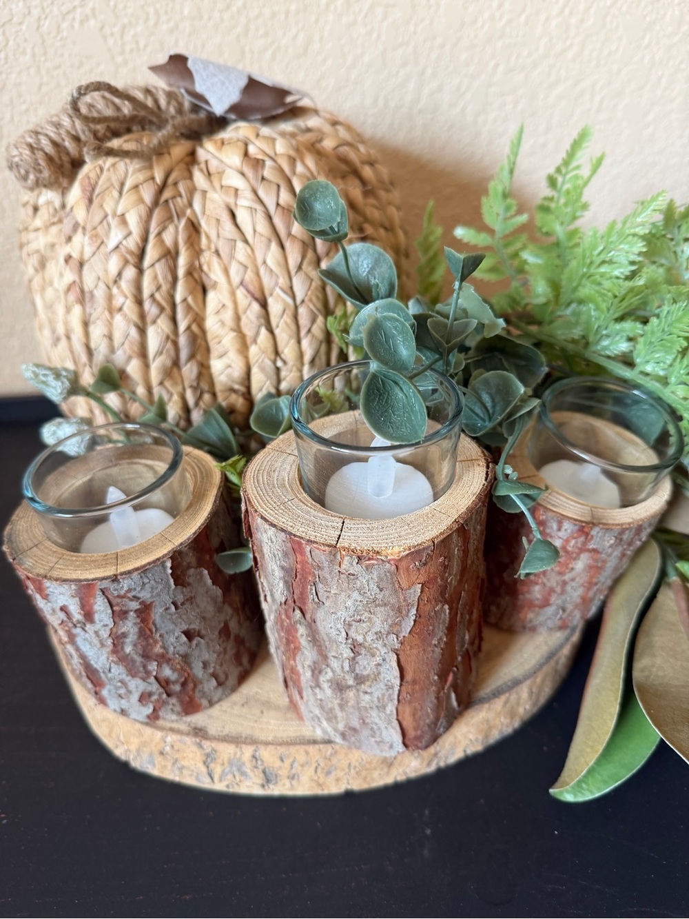 Rustic Lodge Cabin Wood Bark Votive Candle Holders & Pumpkin Fall Centerpiece - Picture 15 of 16